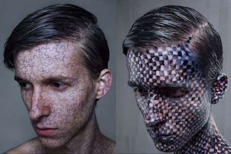 艺术家以头为画布 用石头和地毯为材料作画(图)