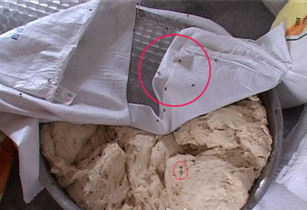 黑作坊加工面食 苍蝇点缀香精作料