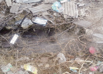 在河北蠡县大白尺镇西百尺村东头,一个隐蔽的排水口正在向坑里流水,散发着刺鼻的气味(2月18日摄)。