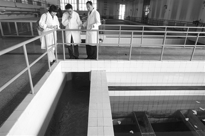 2012年5月17日，北京第九水厂，一位工作人员（右）在介绍自来水的生产流程